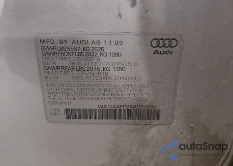 2010 Audi Q5 3.2 Premium from USA, damaged, VIN WA1LKAFP2AA059509